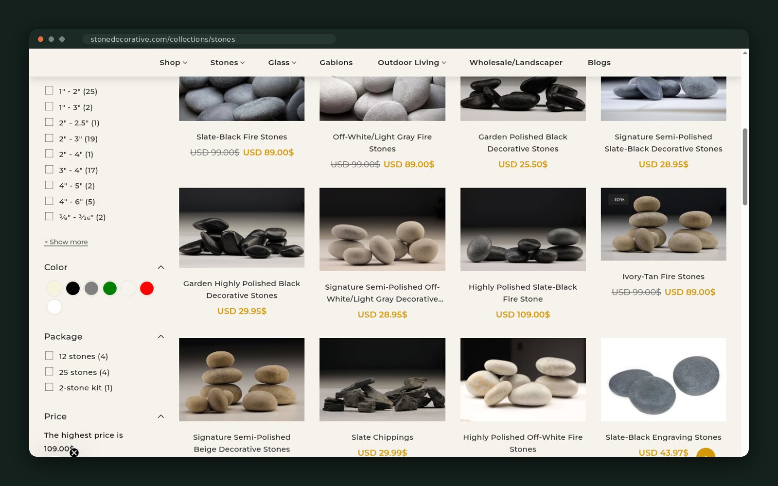 Faceted size, colour and package filters