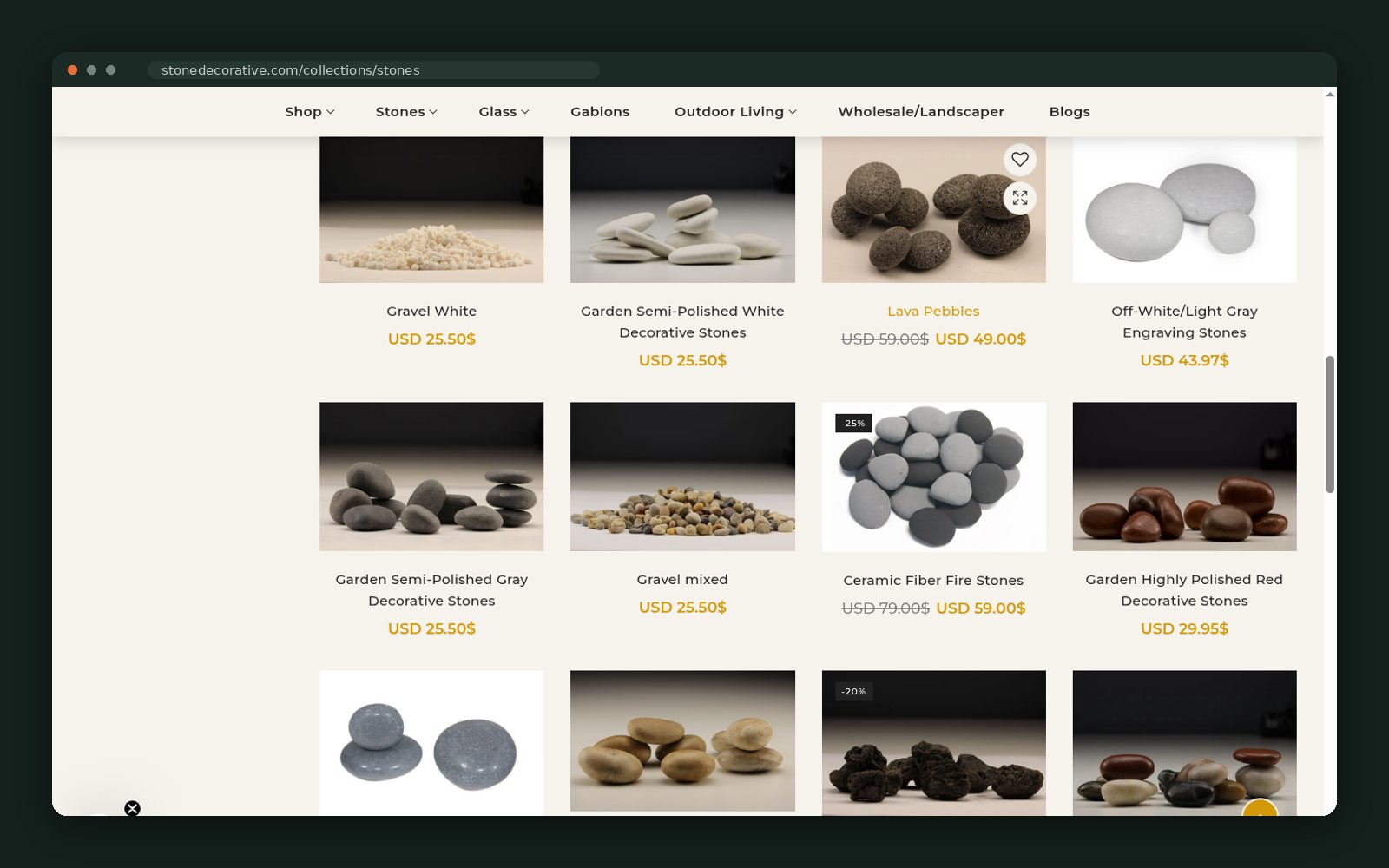 Priced stone listings with variants