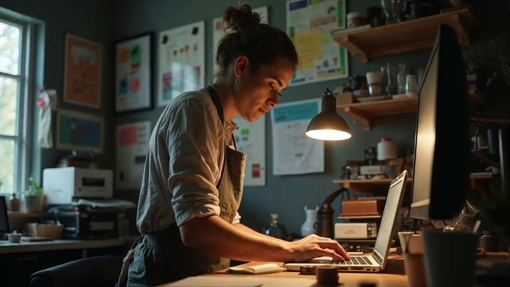 A small-business owner in an apron leaning over a laptop on a cluttered back-office desk late in the day, photographed in Rochester