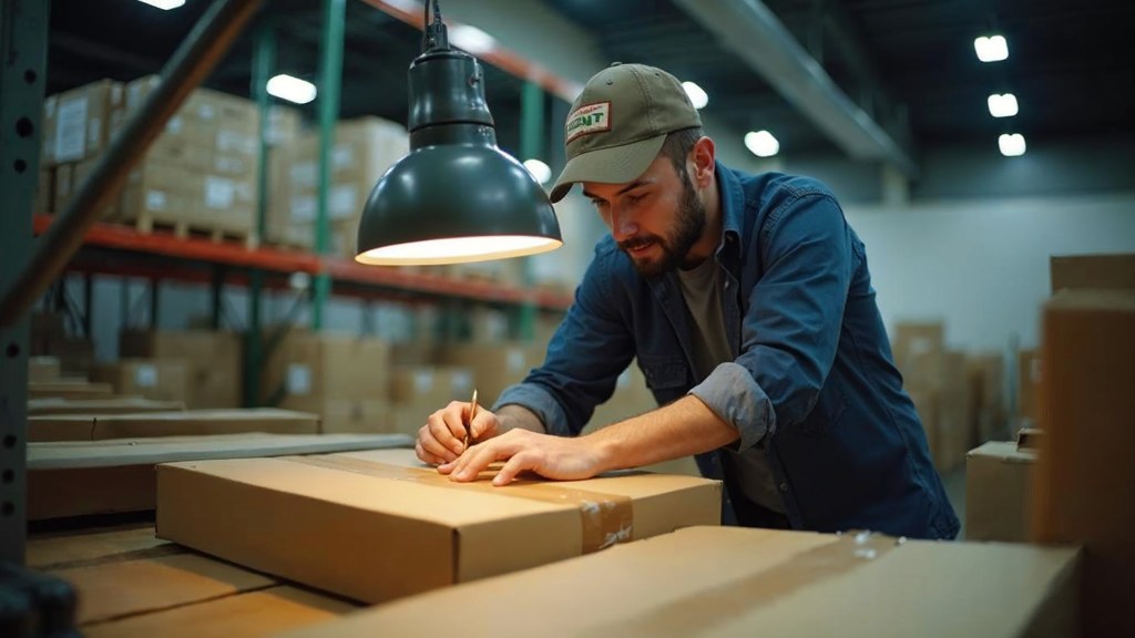 A warehouse worker taping shipping boxes under strip lighting in a small fulfilment room, photographed in Sacramento
