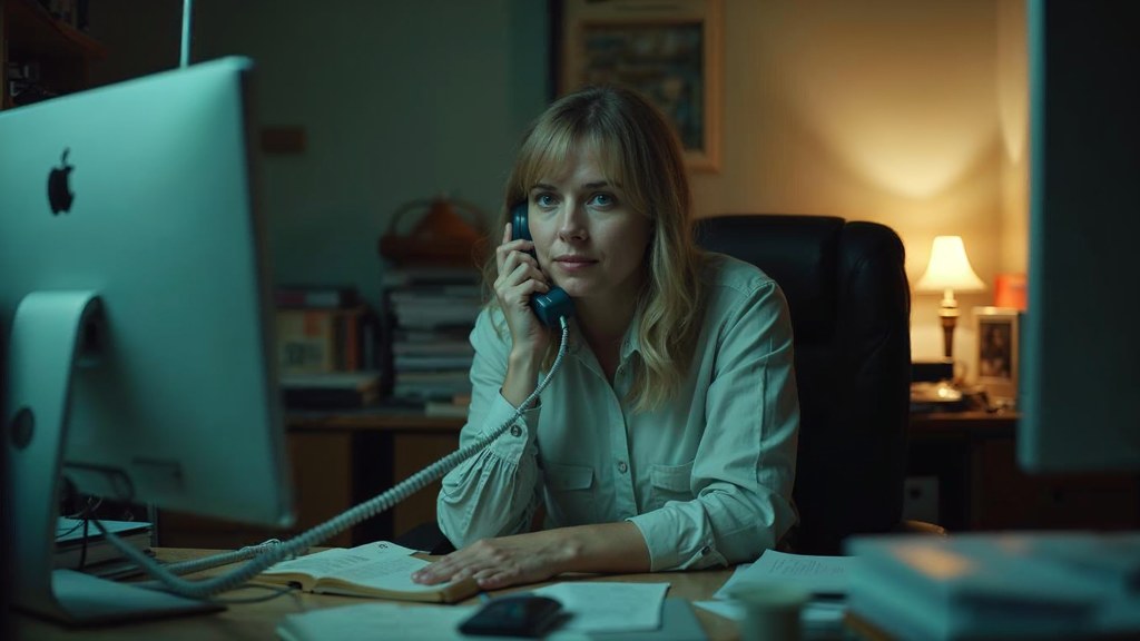 An office manager at a cluttered desk with a landline handset tucked under one ear, photographed in Rochester