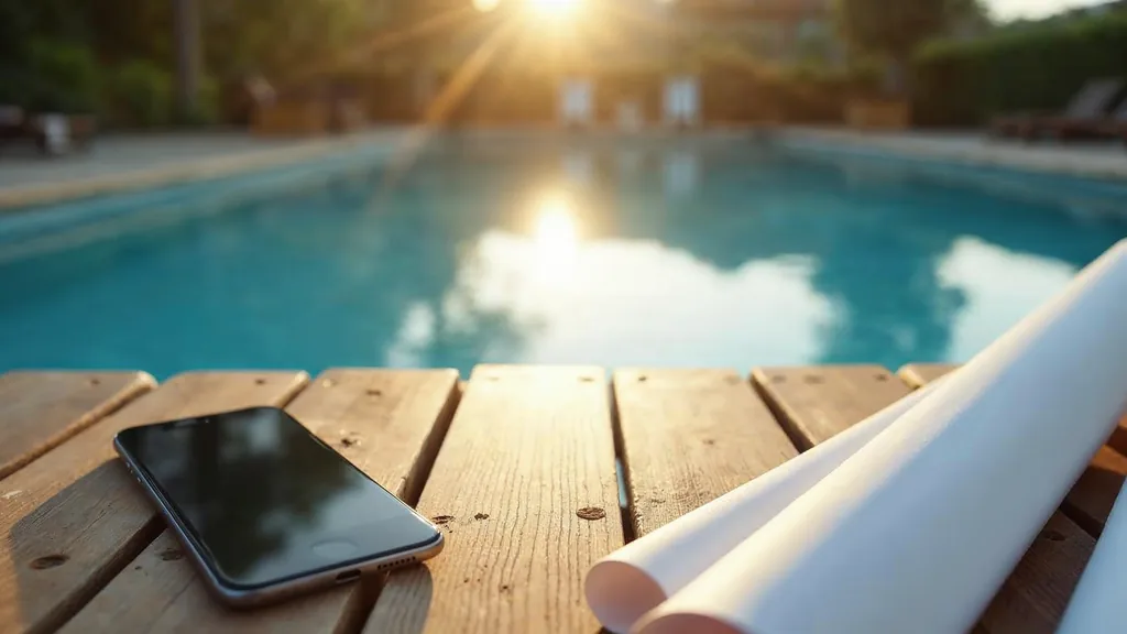 A smartphone face up on a poolside teak table beside rolled construction plans at dawn with the still water of a freshly built swimming pool behind in soft morning light, no people, no text, no signage