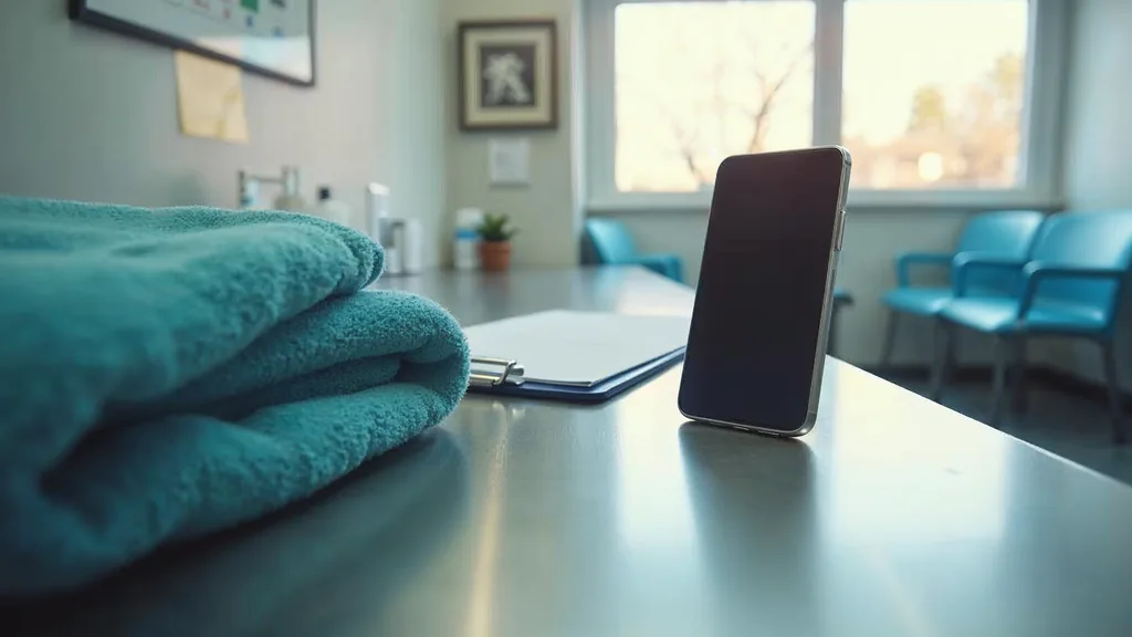 A smartphone face up on a stainless steel veterinary reception counter beside a clipboard and folded blanket with an empty waiting room behind in early morning daylight, no people, no animals, no text, no signage