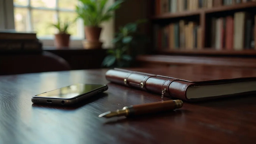 A smartphone face up on a dark walnut law office desk beside a closed leather folio and a fountain pen with bookshelves softly out of focus behind in late afternoon window light, no people, no text, no signage