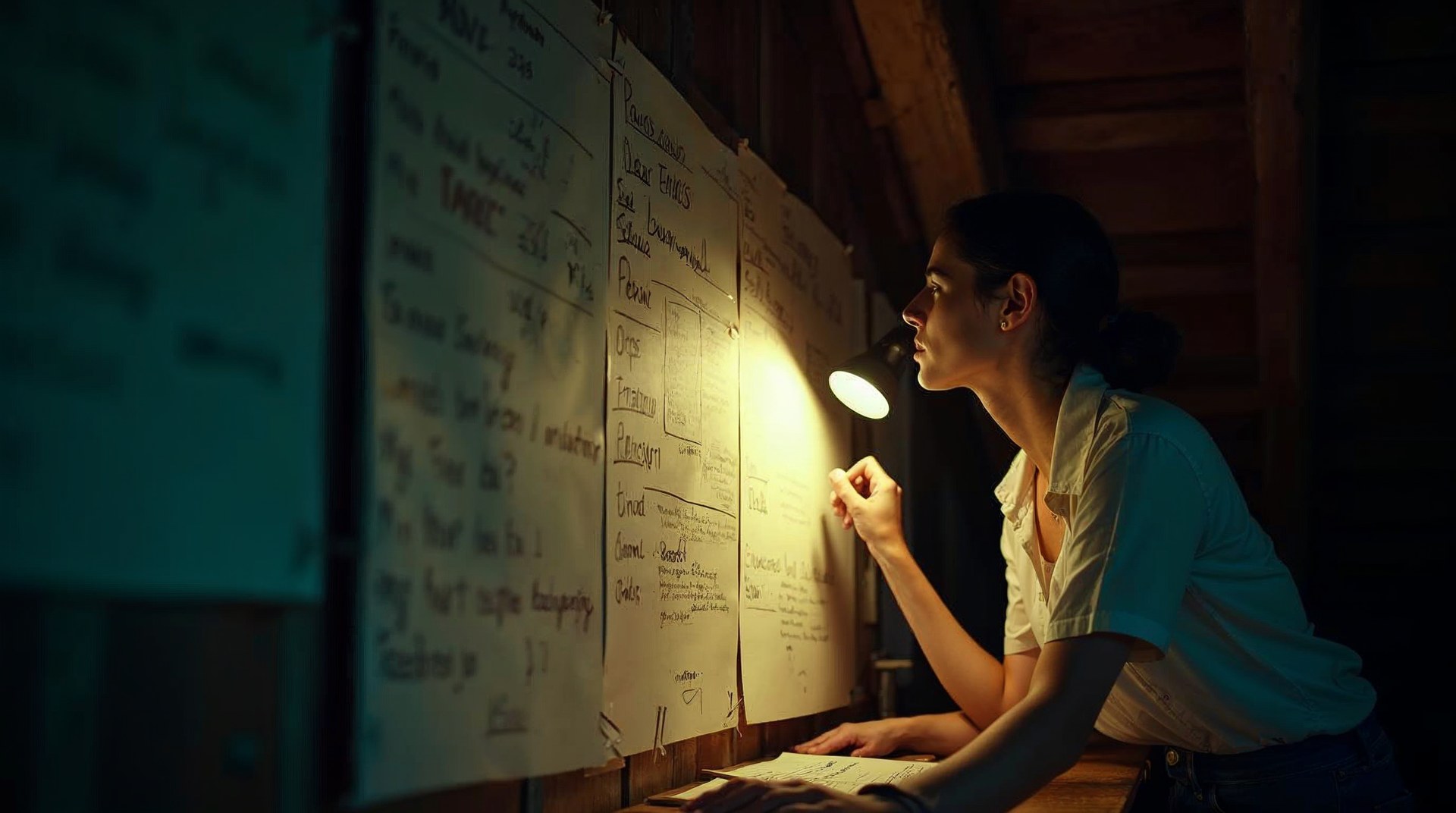 Analyst working late against a wall of pencilled keyword lists under one desk lamp