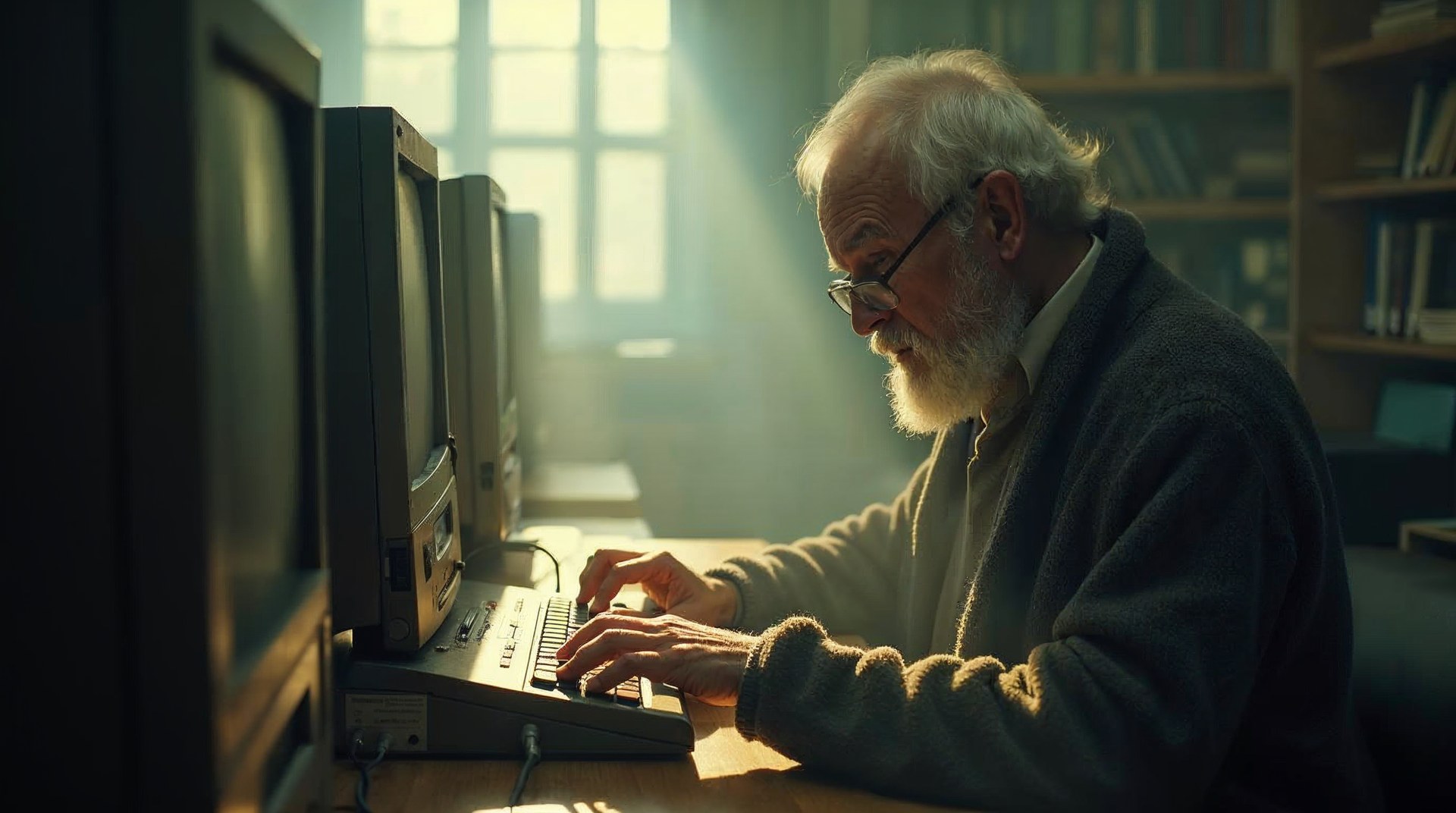 Man searching at a public library computer terminal in afternoon light
