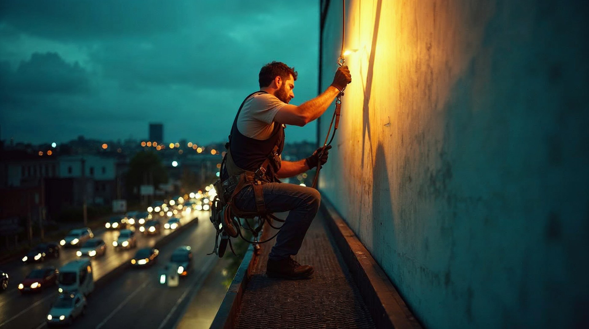 Billboard installer pasting a poster panel on a steel catwalk above traffic at dusk