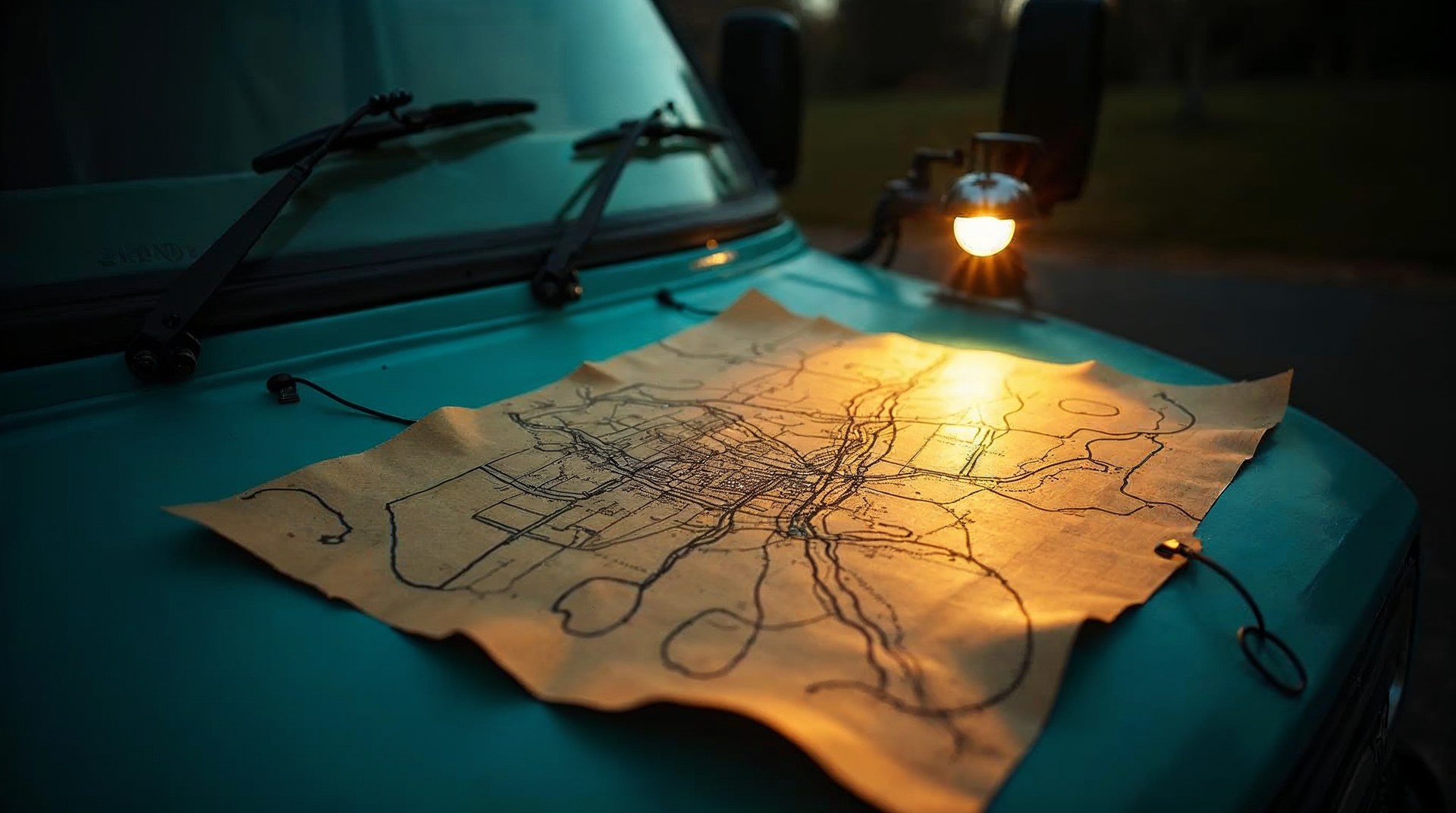 Hand-drawn city map marked with grease pencil on a van bonnet at night