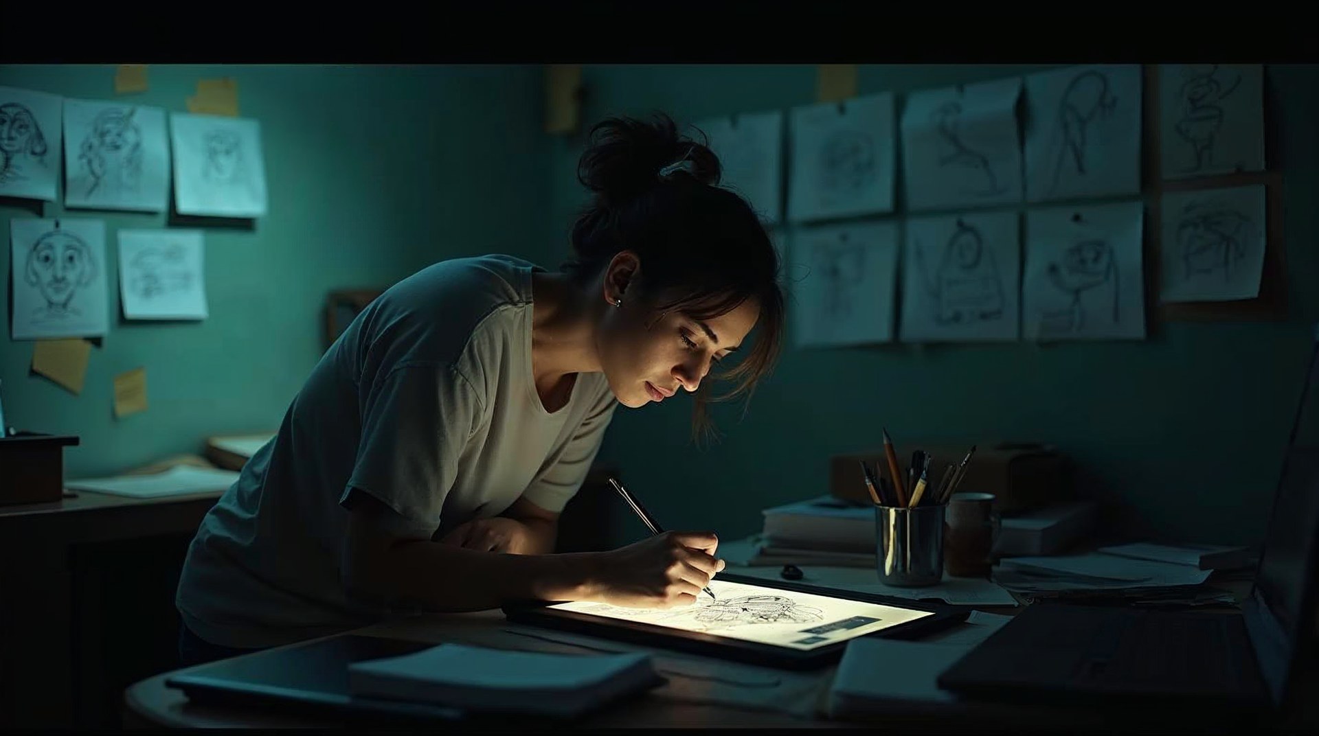 Animator working at a lit drawing tablet in a dark studio with keyframe sketches behind