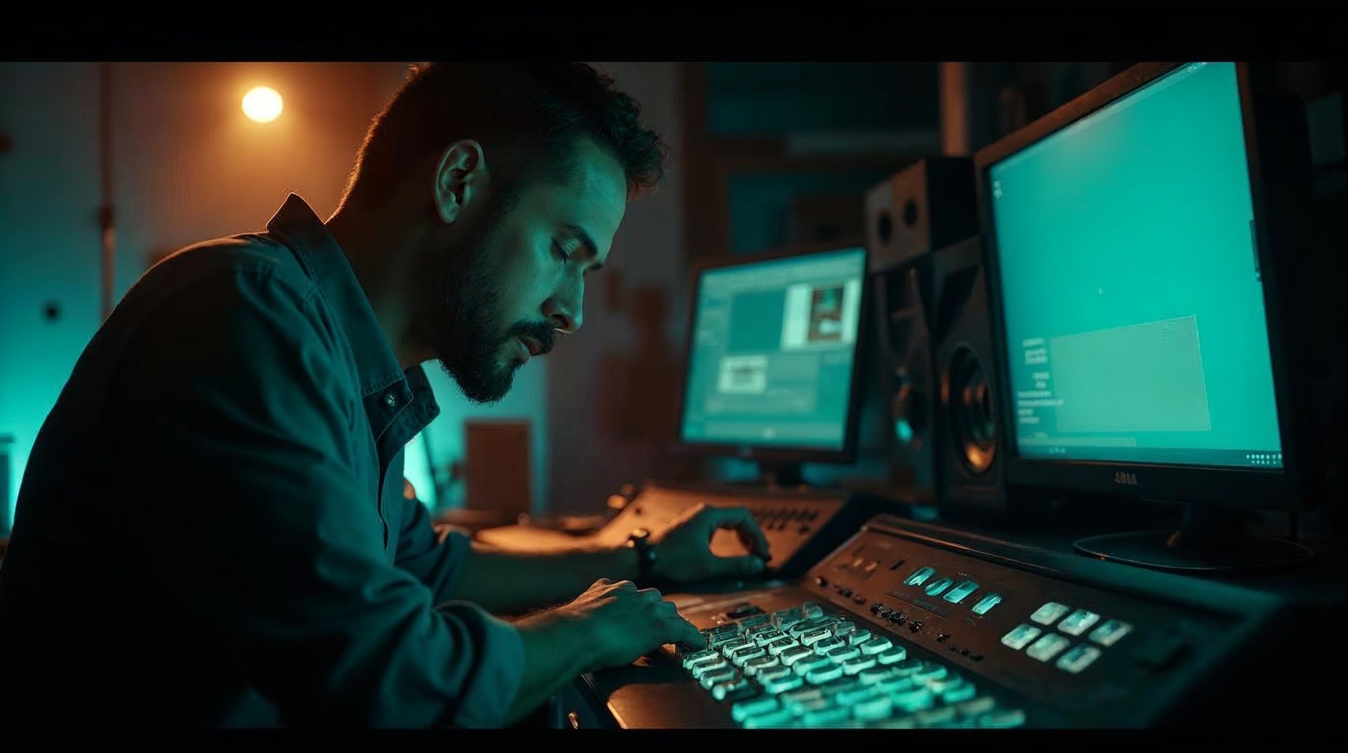 Colourist reaching for a control surface in a dim grading suite