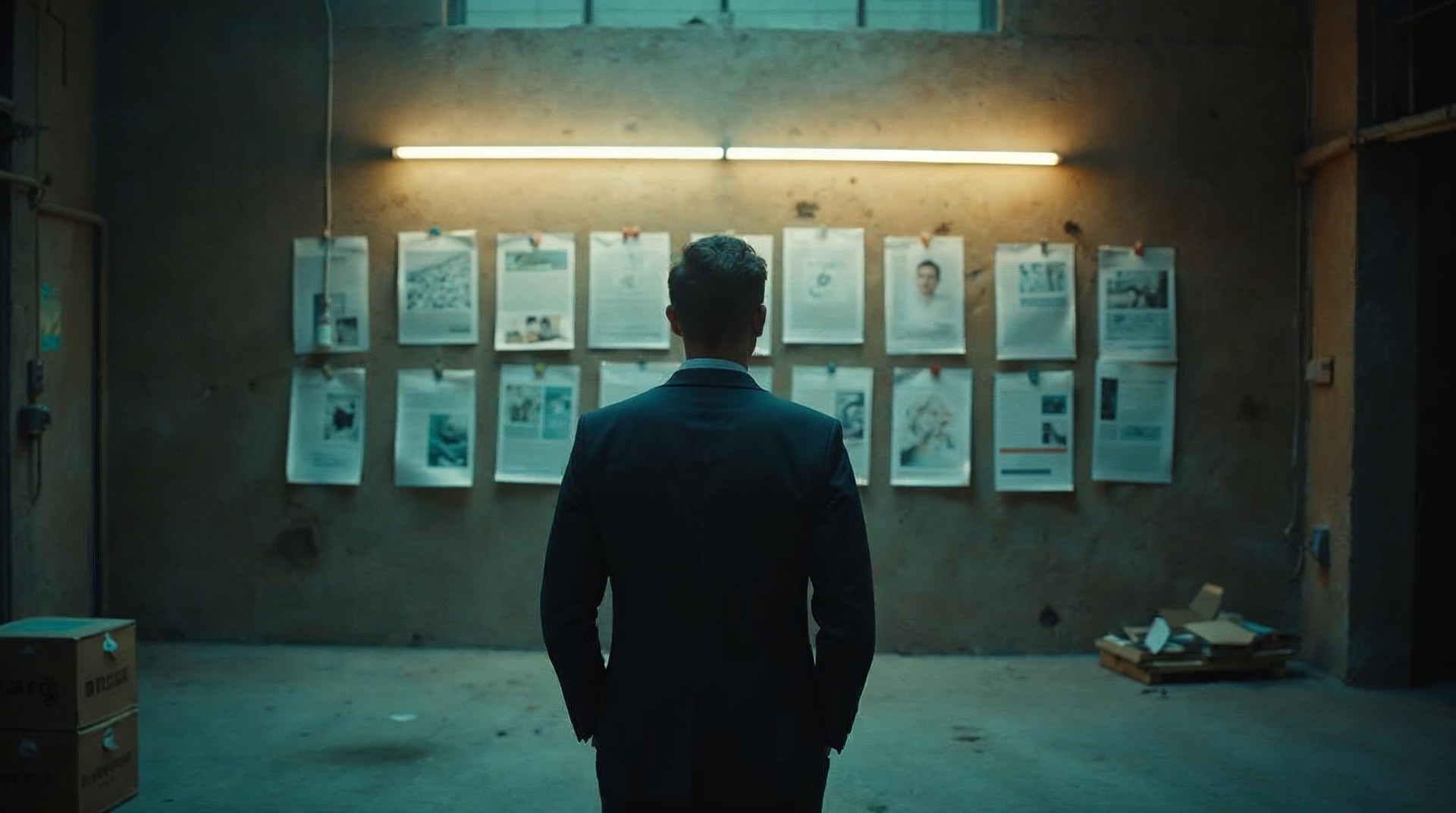 Strategist standing back from a wall of pinned printed ad frames in a warehouse studio