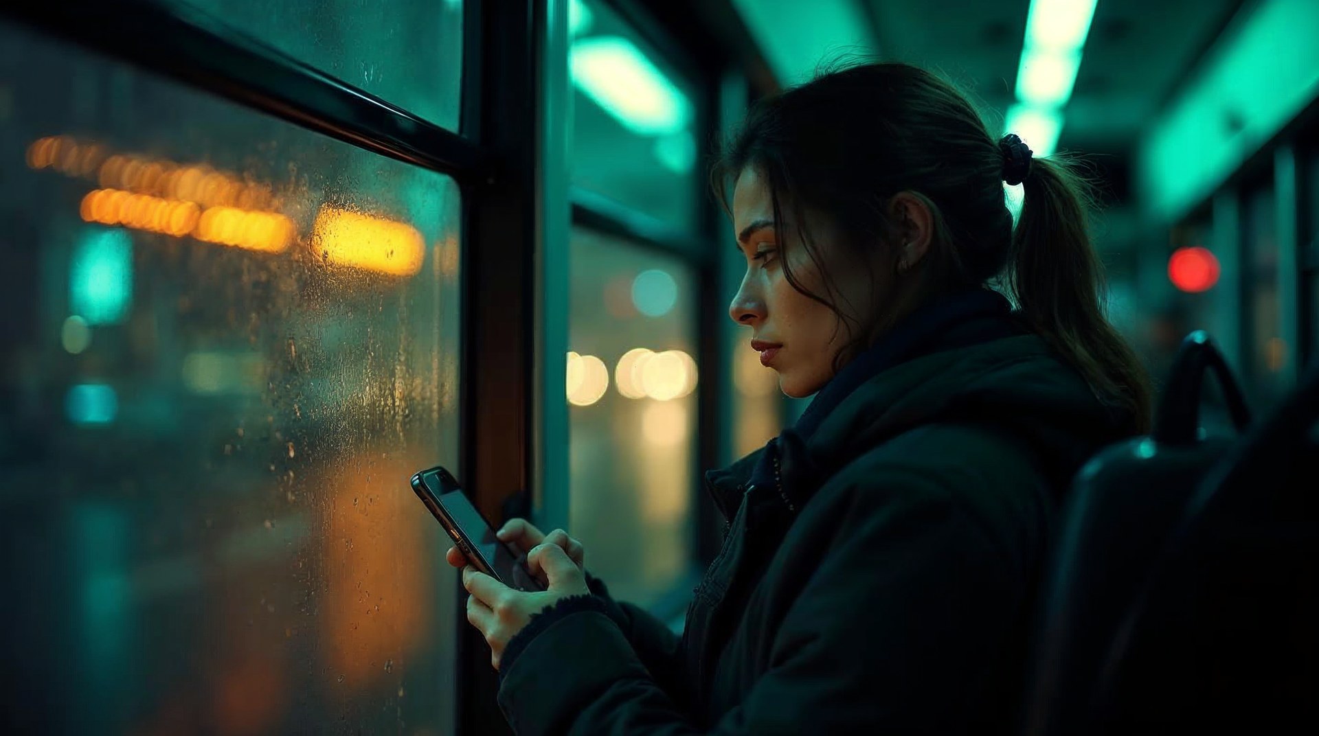 Woman on a night bus glancing up from her phone as city lights streak past