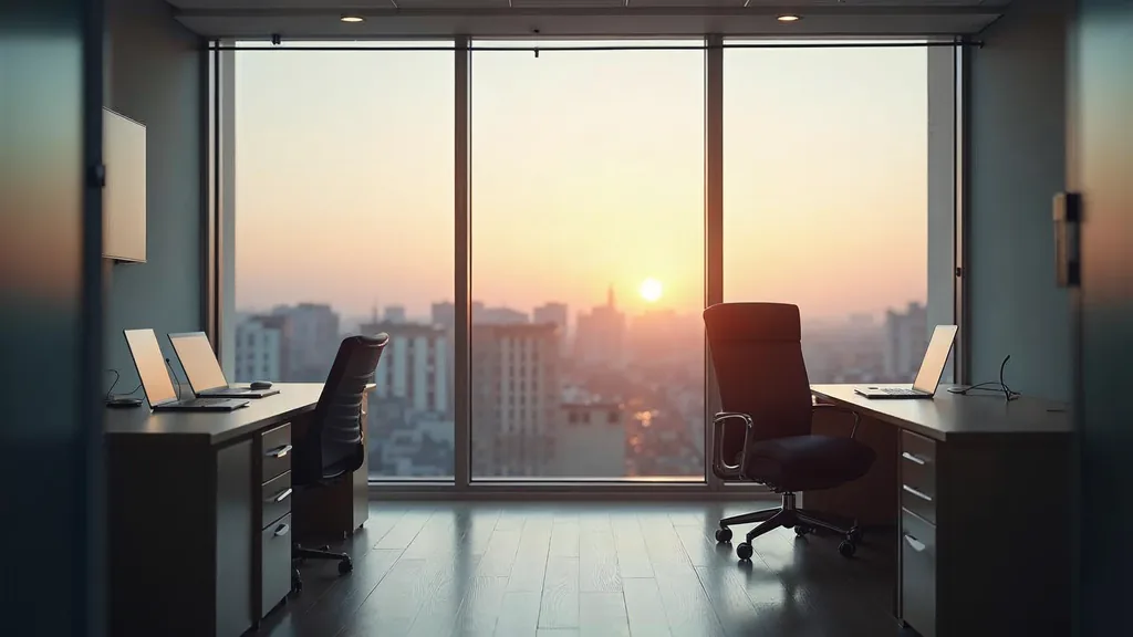 An empty modern mortgage brokerage office at dawn with two vacant desks, closed laptops and a wheeled chair pushed back in soft window light, no people, no text, no signage