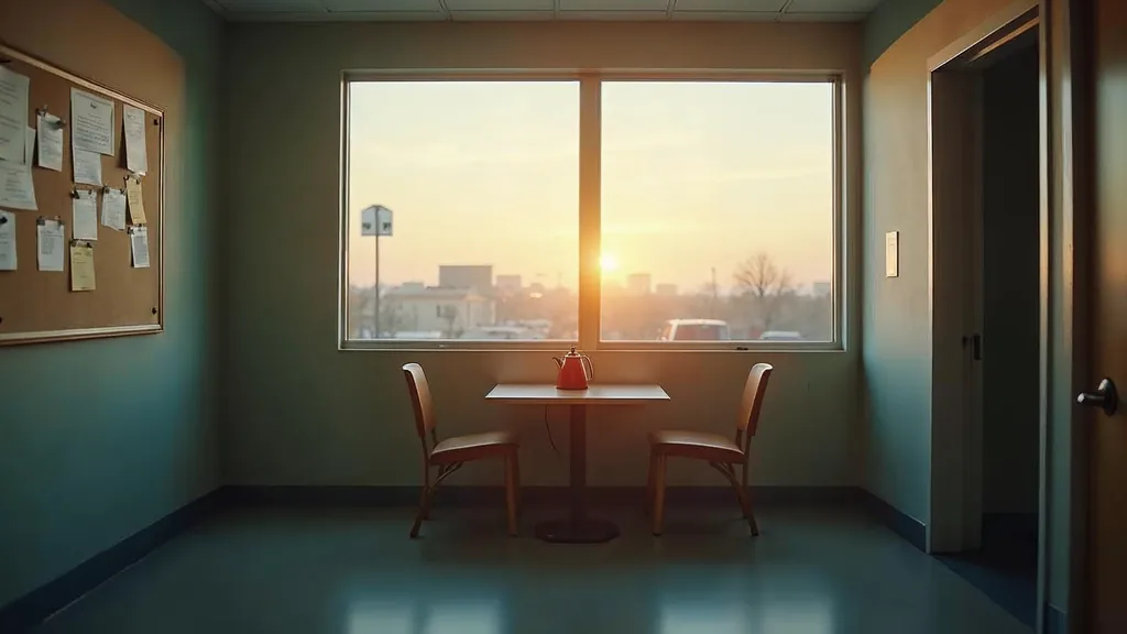 An empty staff break room in a treatment center at dawn with a noticeboard, a kettle and two chairs at a small table in soft window light, no people, no text, no signage