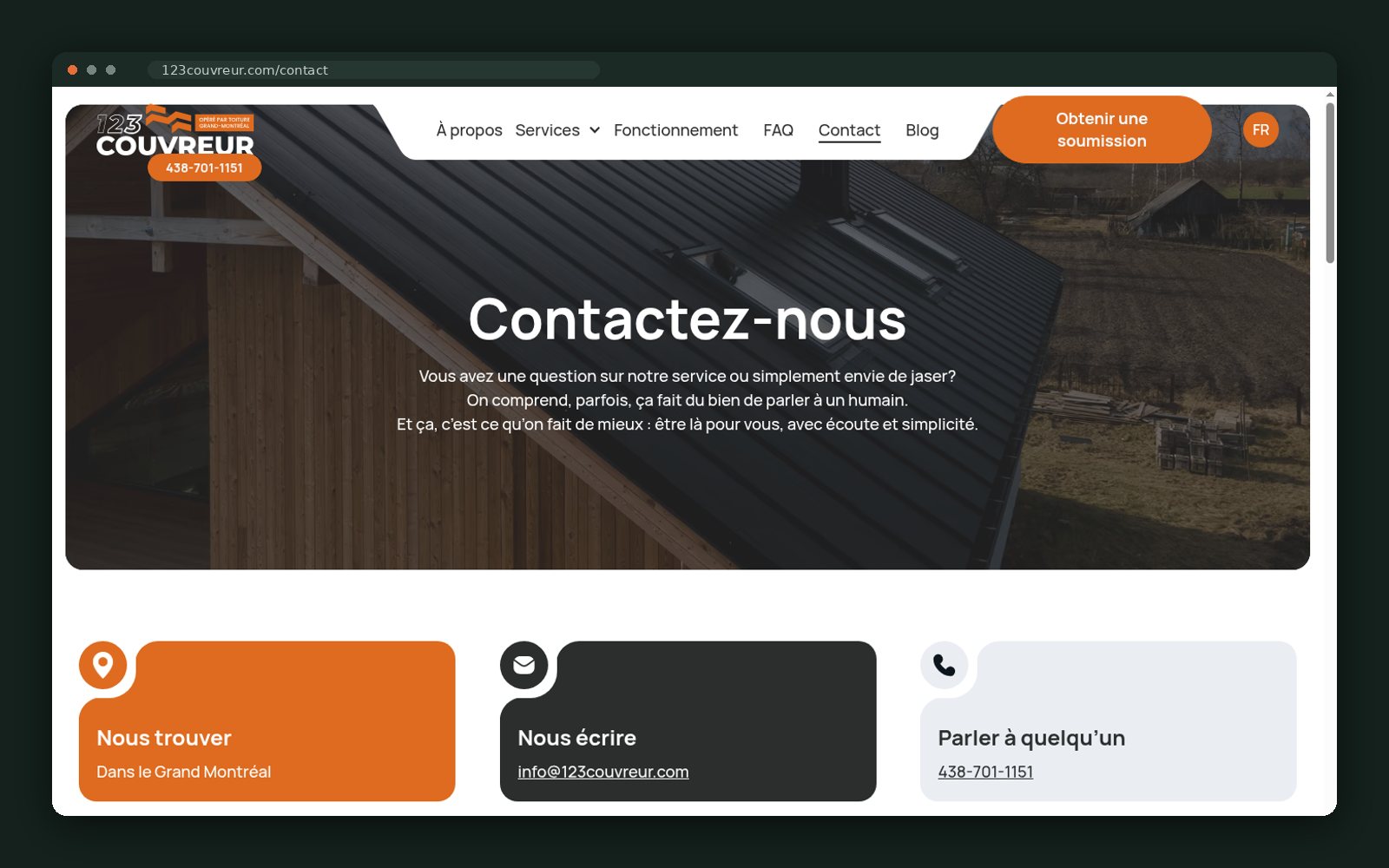 Contact page with three ways to reach the team