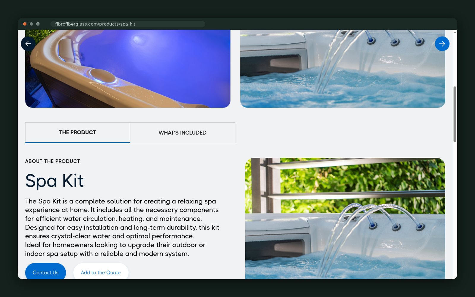 Spa Kit photography and specification tabs