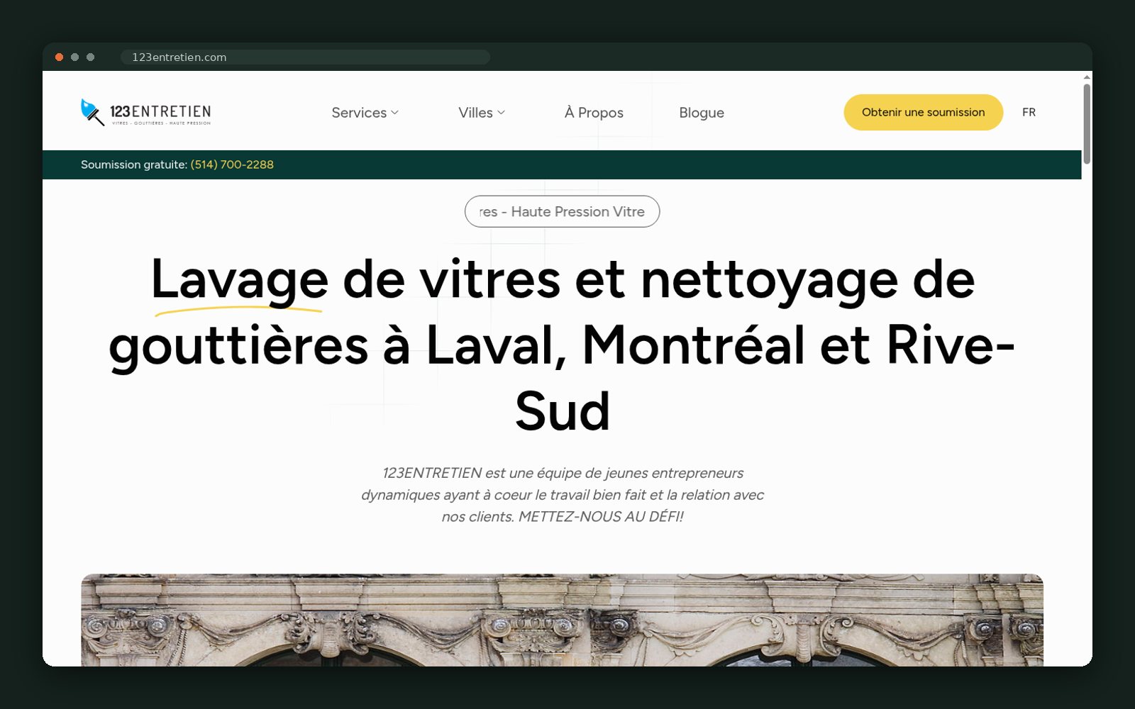 123Entretien homepage — windows, gutters, pressure washing