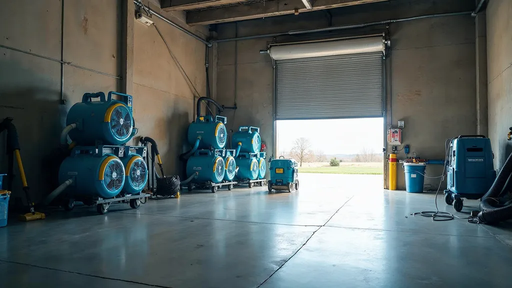 An empty water damage restoration equipment bay with stacked air movers, dehumidifiers and coiled hoses on a concrete floor in cool morning daylight, shallow depth of field, no people, no text, no signage