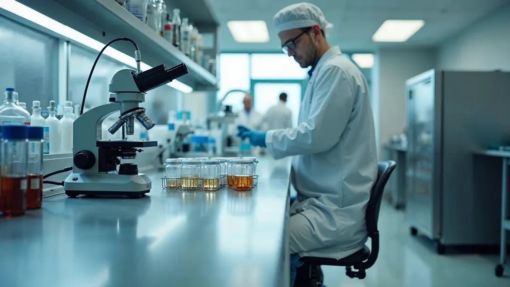 An empty fertility laboratory bench with a microscope, sealed sample dishes and a stainless steel incubator in cool clinical daylight, shallow depth of field, no people, no text, no signage