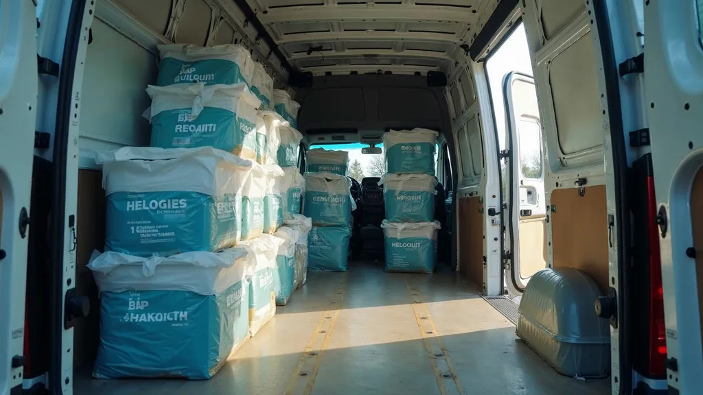An empty remediation work van interior with stacked HEPA air scrubbers, sealed containment sheeting rolls and labelled bins in cool daylight through open rear doors, shallow depth of field, no people, no text, no signage