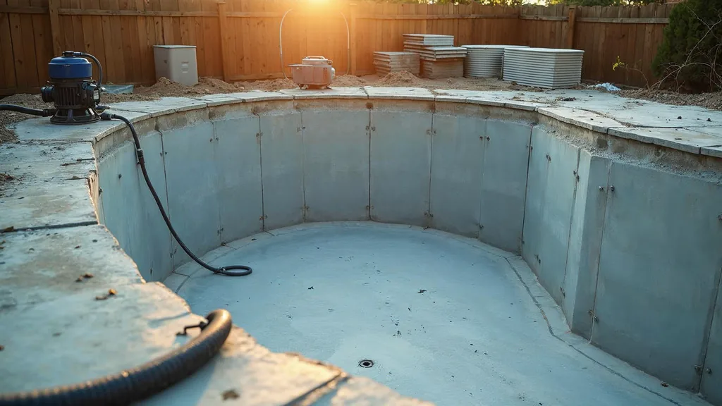 An empty half-built residential swimming pool shell with rebar, a concrete pump hose and stacked tile boxes on the deck in warm early morning light, shallow depth of field, no people, no text, no signage