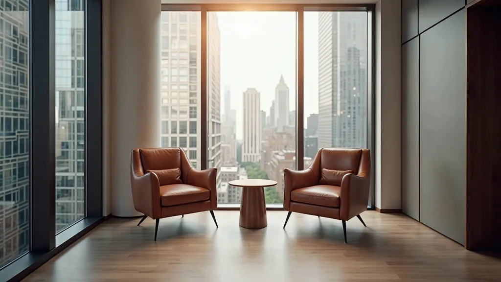 An empty private client meeting room in a wealth management office with two leather chairs, a walnut table and city daylight through tall windows, shallow depth of field, no people, no text, no signage
