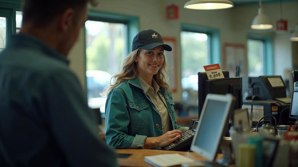 A shop manager standing behind the counter checking a phone while a customer waits at the till, photographed in Santa Clarita