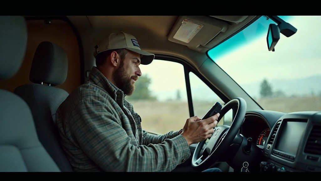 A contractor sitting in the cab of a work van reviewing a phone before driving off, photographed in Santa Clarita