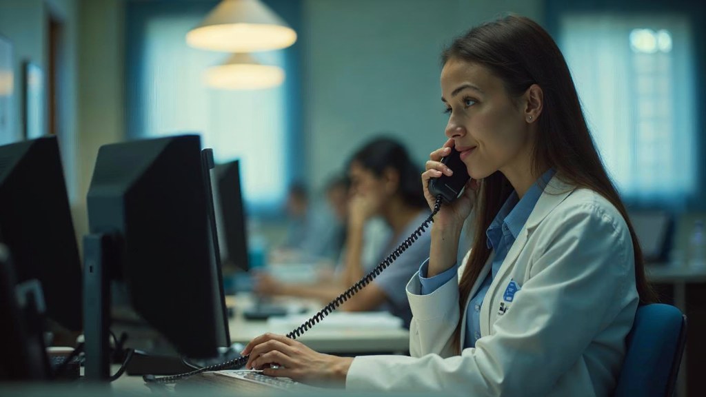 A clinic receptionist taking a phone call at a busy front desk with patients waiting, photographed in Santa Clarita