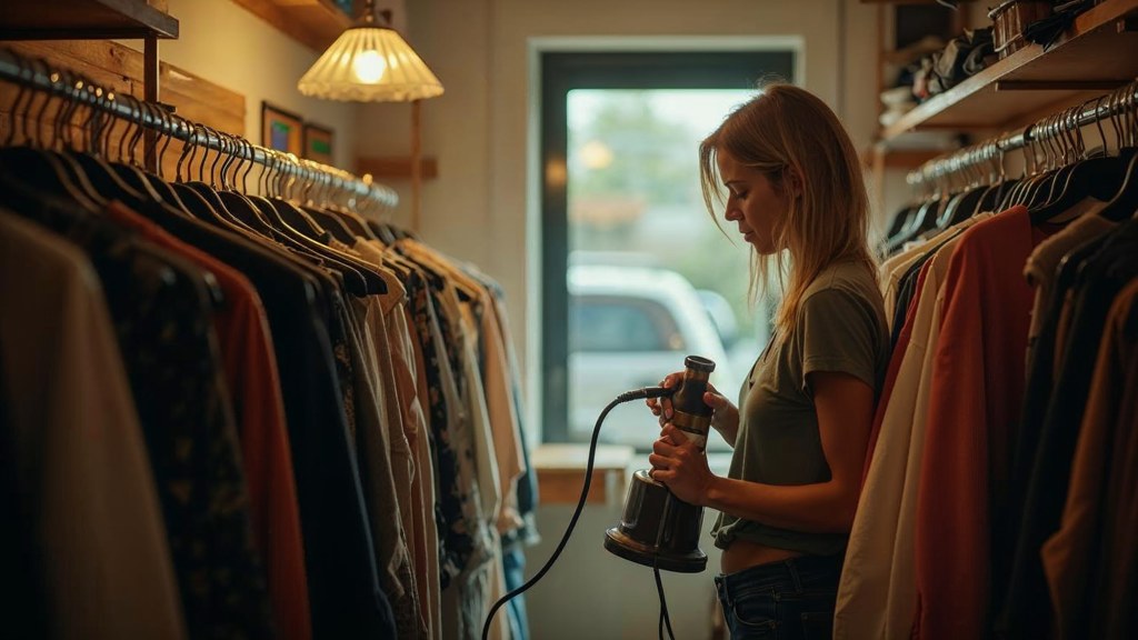 A boutique owner steaming garments in a narrow shop stockroom at opening time, photographed in Santa Clarita
