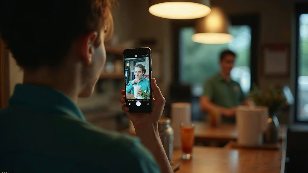 A young cafe worker filming a drink being poured on a phone propped against a napkin holder, photographed in Santa Clarita