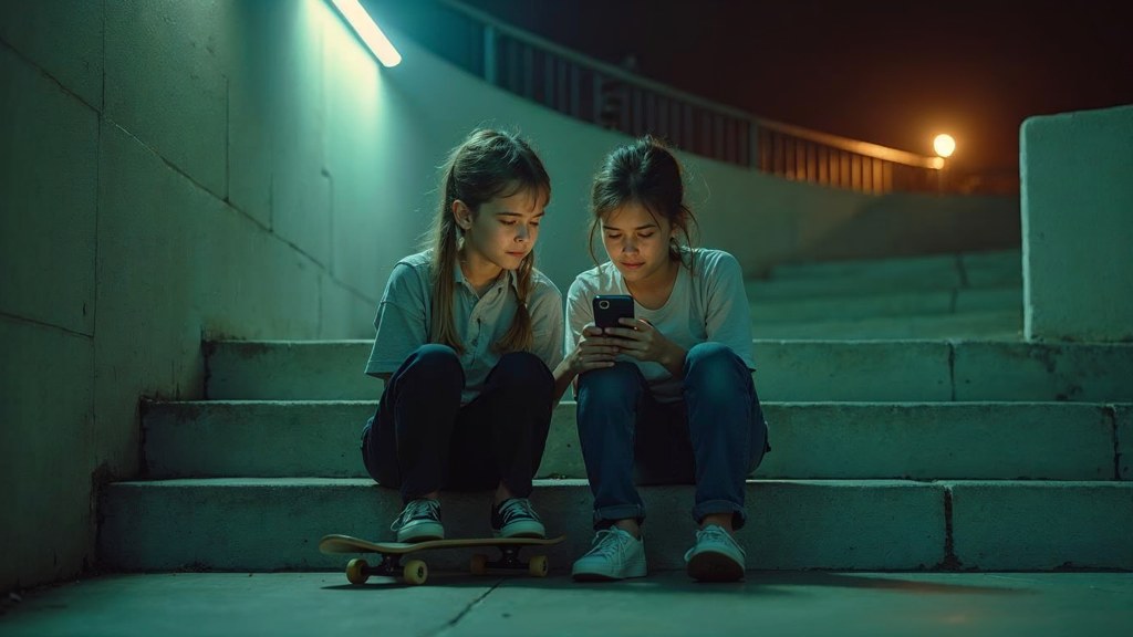 Two teenagers on skateboards looking at a phone on a set of concrete steps, photographed in Santa Clarita