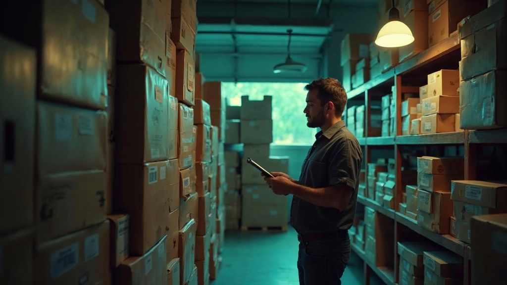 A seller checking barcodes on stacked cartons in a garage stockroom, photographed in Santa Clarita