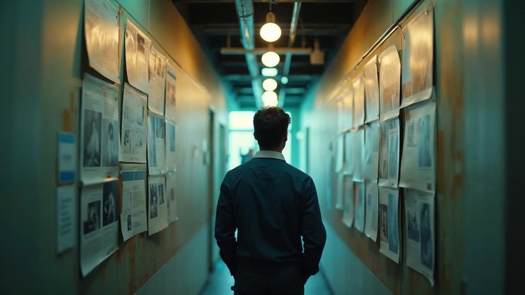A media planner standing at a wall of printed layouts in a narrow agency corridor, photographed in Santa Clarita