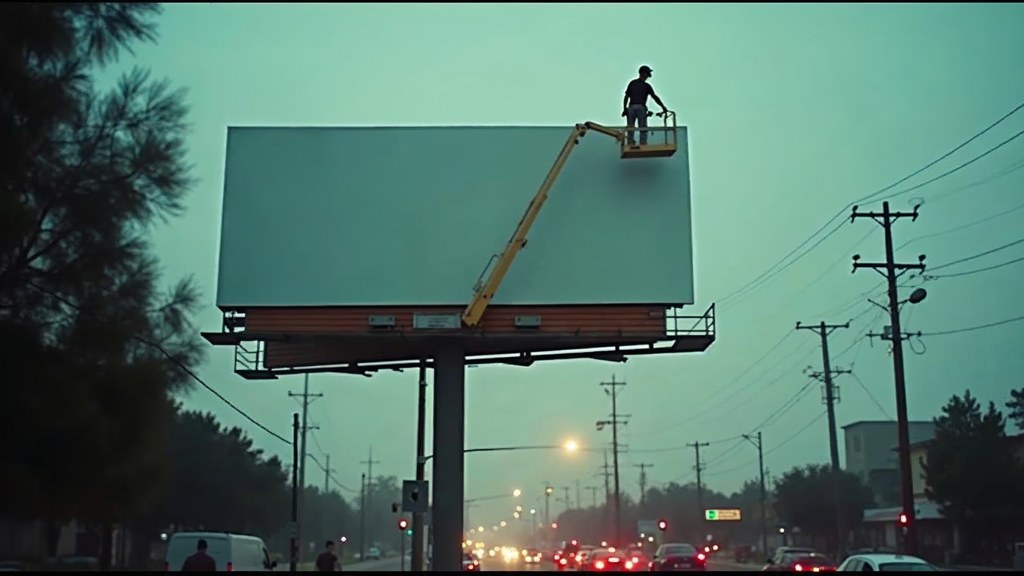 A crew member on a lift installing a blank billboard panel above a busy street, photographed in Santa Clarita