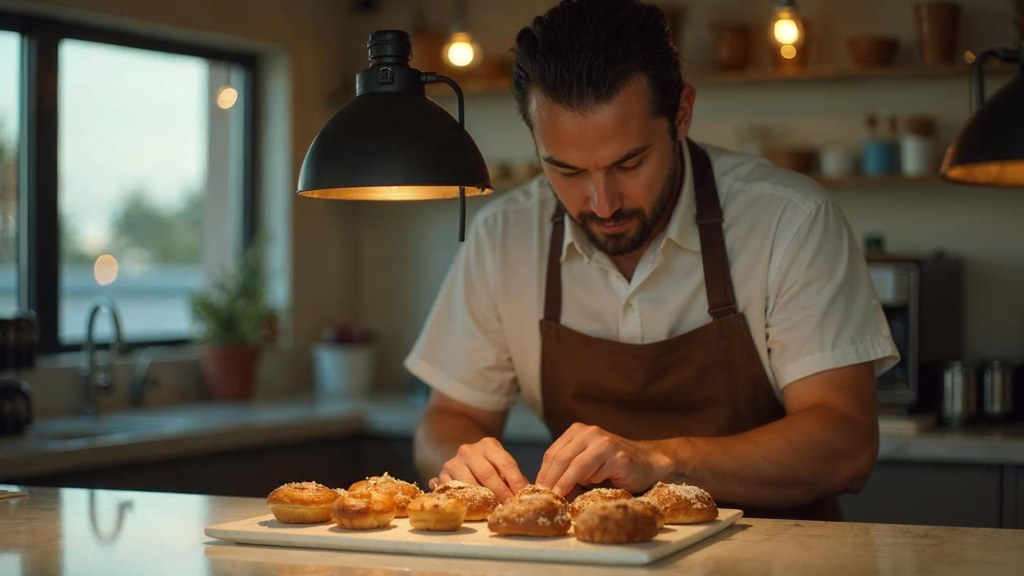 A bakery owner photographing a tray of pastries on a marble counter at dawn, photographed in Santa Clarita