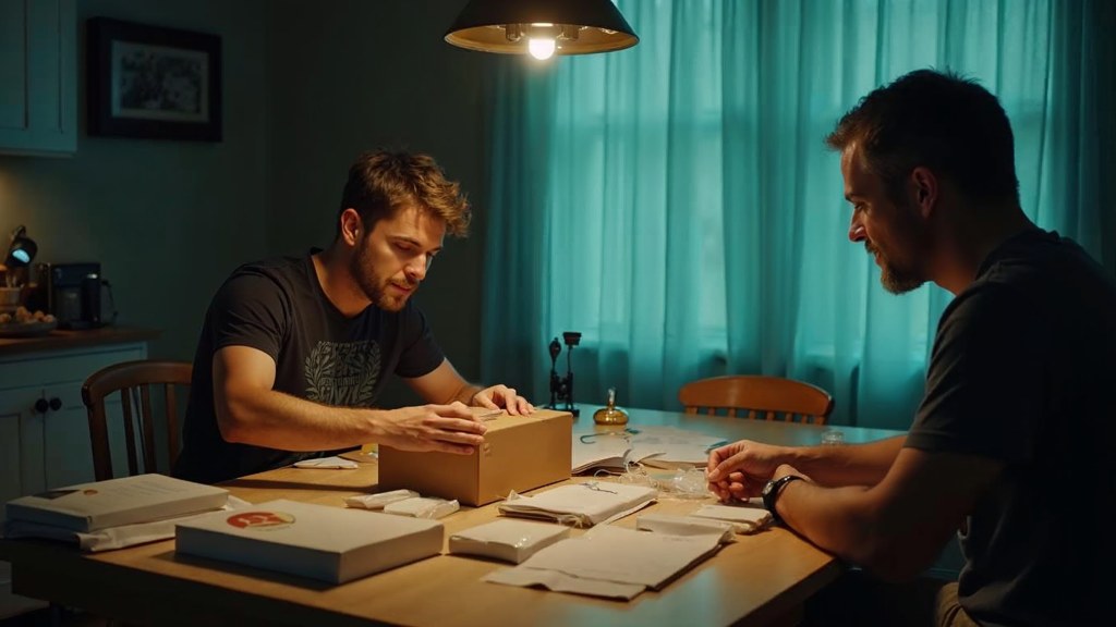 A customer filming an unboxing on a kitchen table strewn with packaging, photographed in Santa Clarita
