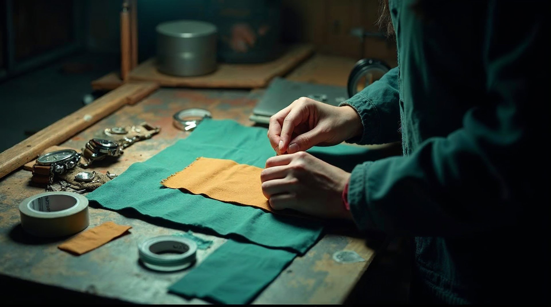 Stylist's hands placing a fabric swatch beside a watch on a scuffed studio table