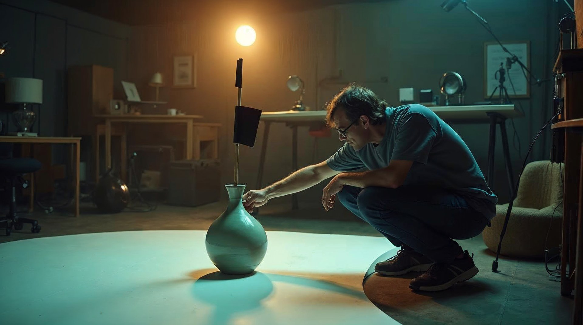 Photographer crouching beside a lit ceramic vase on a sweep, adjusting a small flag