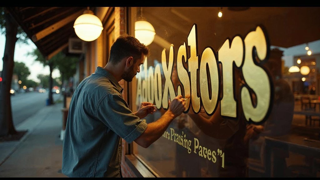 A sign painter finishing gold lettering on a shopfront window from the street side, photographed in Santa Clarita