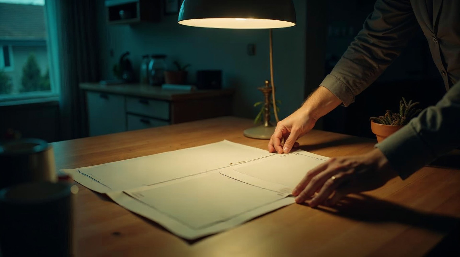 Hands sorting printed vertical layouts across a kitchen table under a low pendant lamp