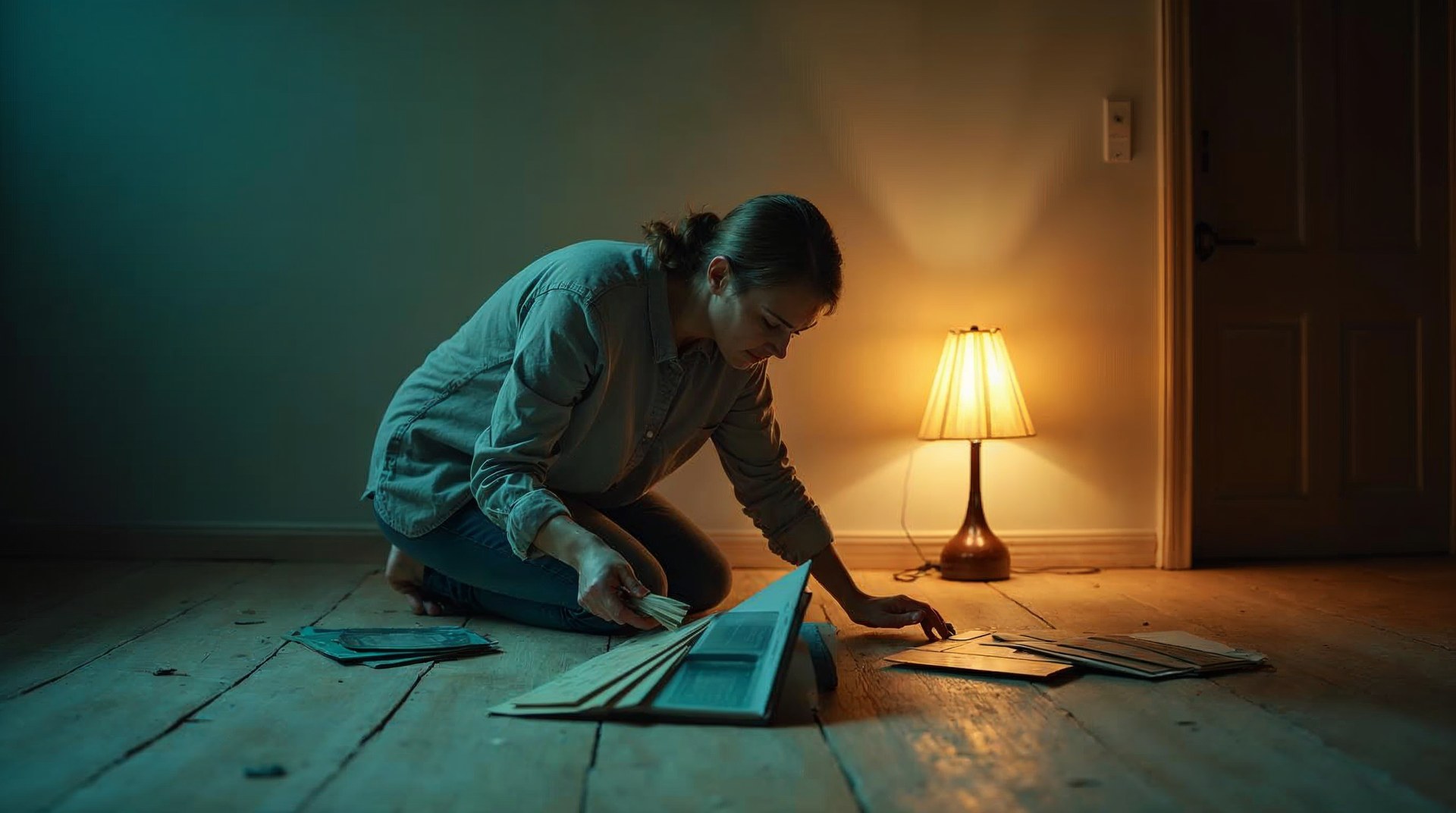 Woman kneeling on bare floorboards arranging paint swatches and tile samples in lamplight