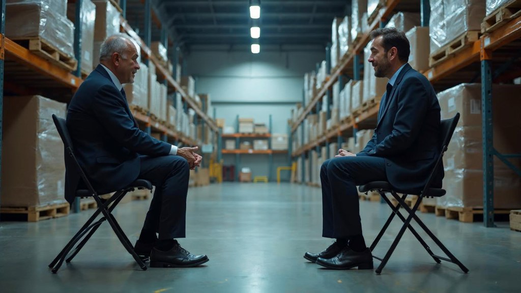 A warehouse supervisor interviewing a candidate on folding chairs beside stacked pallets, photographed in Santa Clarita