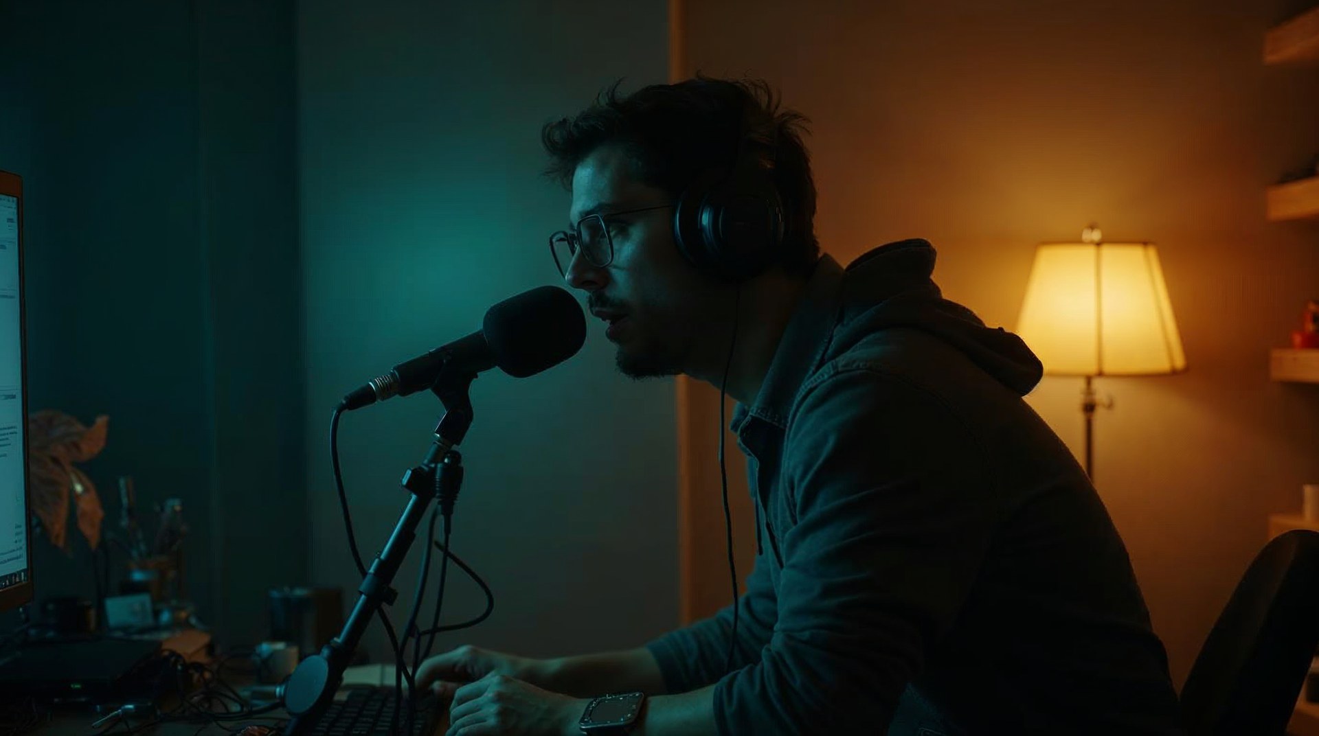 Host leaning into a suspended microphone mid-sentence, headphones half on, dark studio