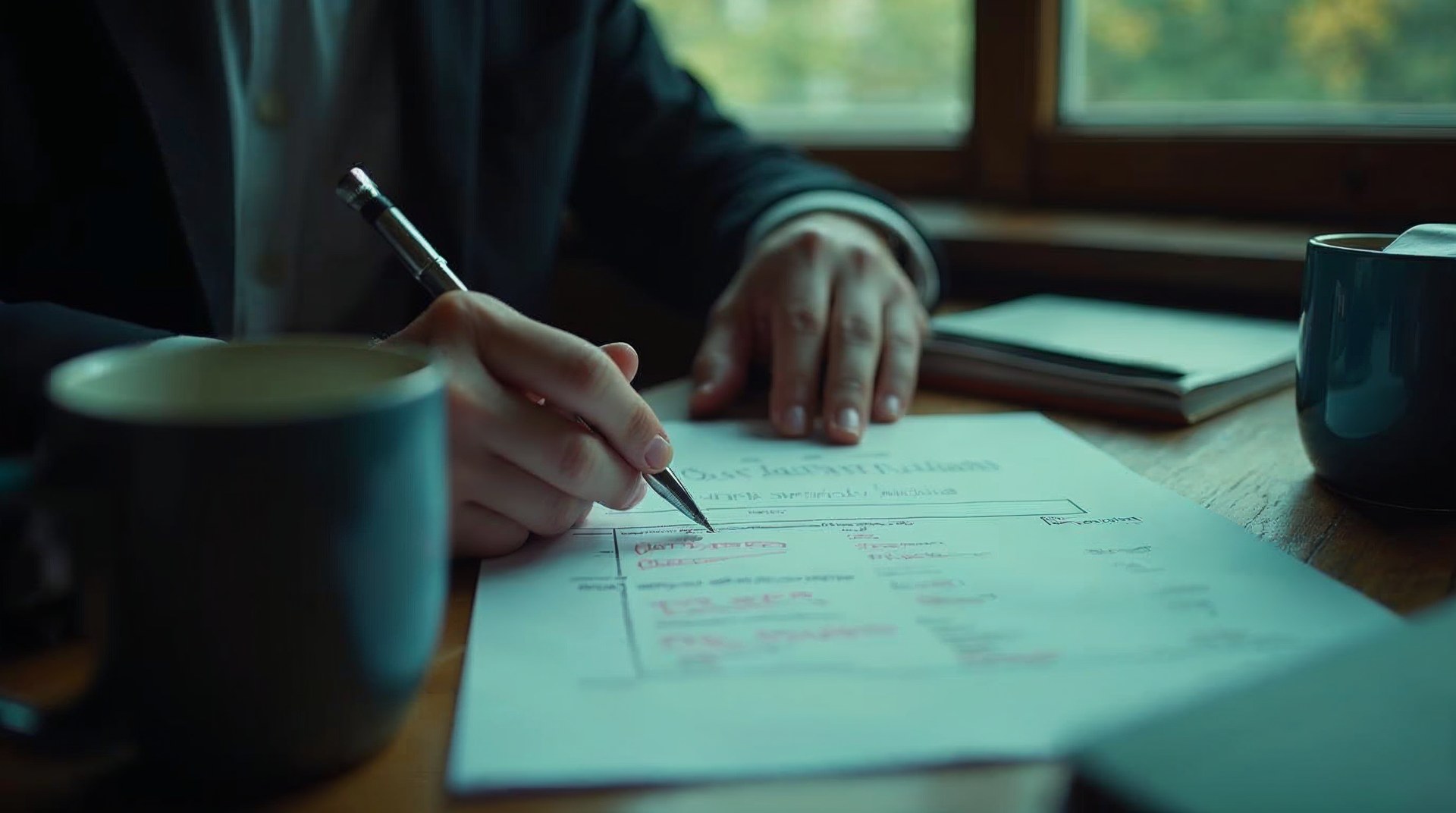 Producer marking a printed episode running order with a pen beside cold coffee