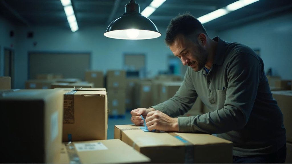 A warehouse worker taping shipping boxes under strip lighting in a small fulfilment room, photographed in Santa Clarita