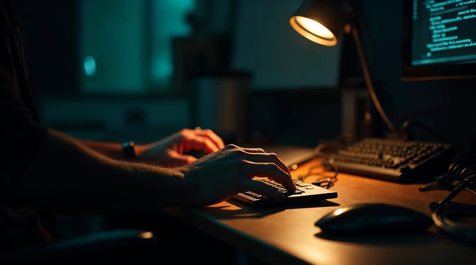 Engineer's hands on a keyboard in a dark room, network cables lit by a single desk lamp
