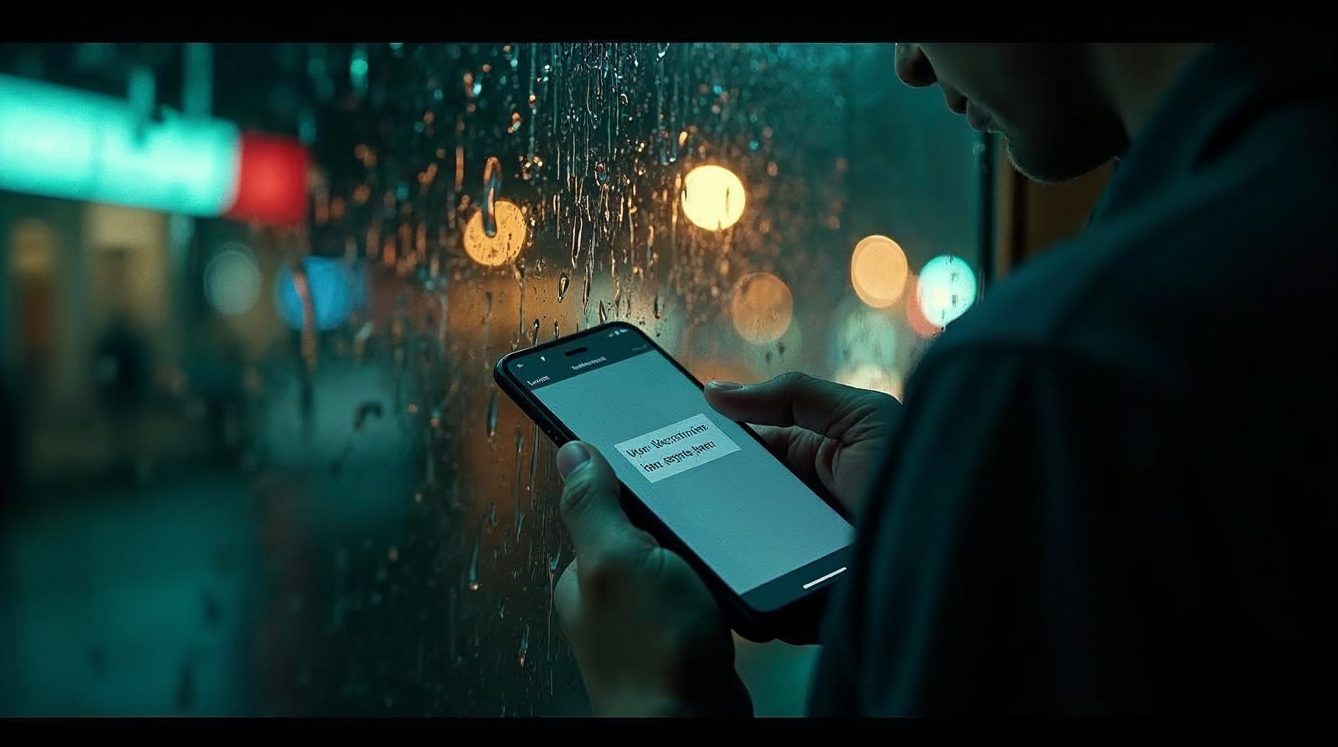 Developer holding a phone showing a consent prompt against a rain-streaked window