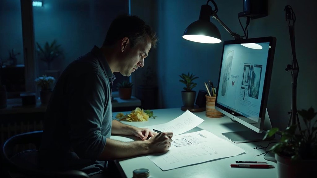 A studio designer sketching a page layout on paper beside a monitor in a dim room, photographed in Santa Clarita