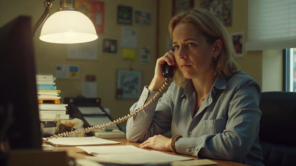 An office manager at a cluttered desk with a landline handset tucked under one ear, photographed in Santa Clarita